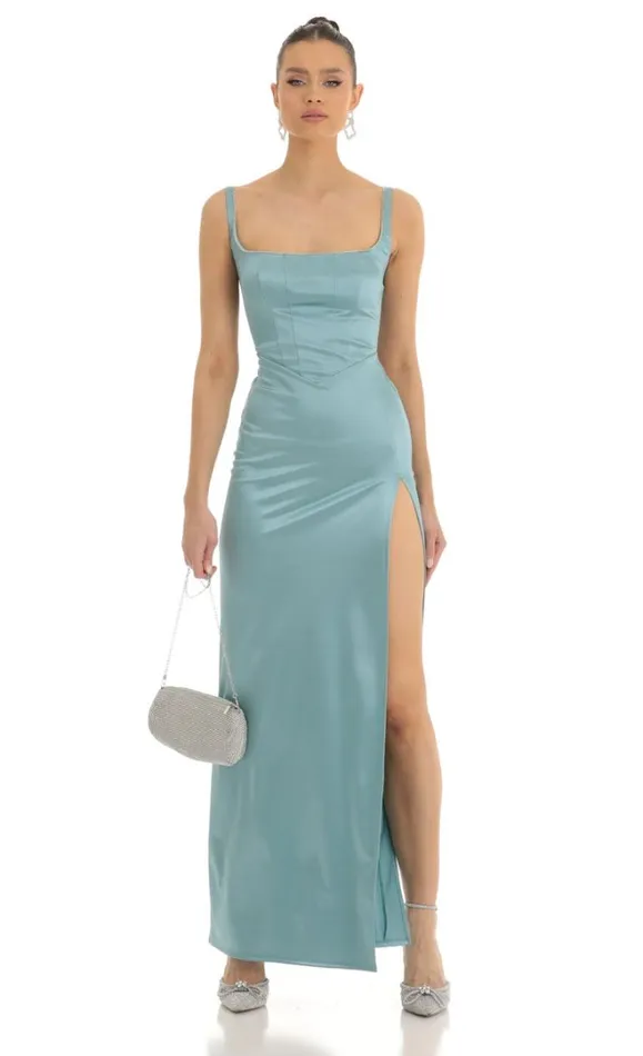 Satin Rhinestone Maxi Dress Teal Women LUCY IN THE SKY Maxi Dresses