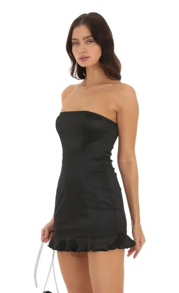 Satin Strapless Ruffle Dress Black Women LUCY IN THE SKY Mini Dresses Satin Strapless Ruffle Dress Black Women LUCY IN THE SKY Mini Dresses