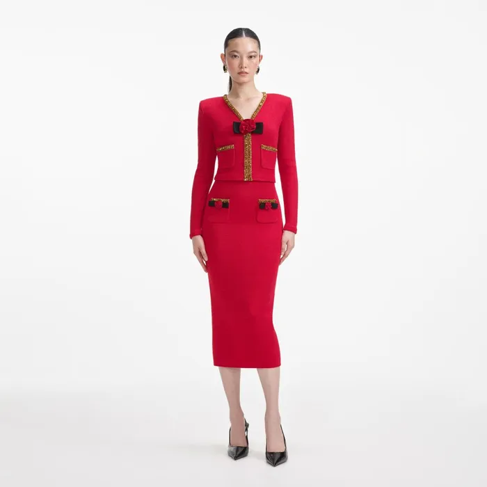 Self Portrait Bottoms Women Red Textured Knit Corsage Midi Skirt