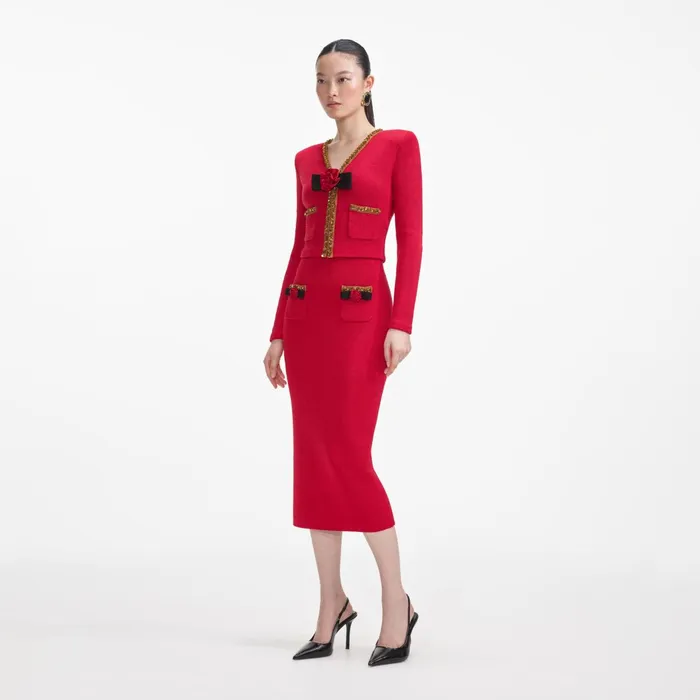 Self Portrait Bottoms Women Red Textured Knit Corsage Midi Skirt