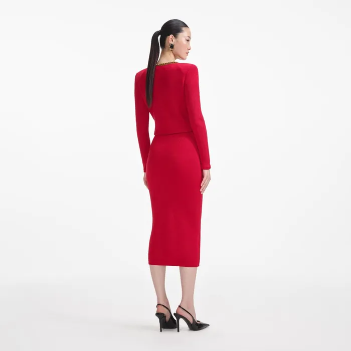 Self Portrait Bottoms Women Red Textured Knit Corsage Midi Skirt