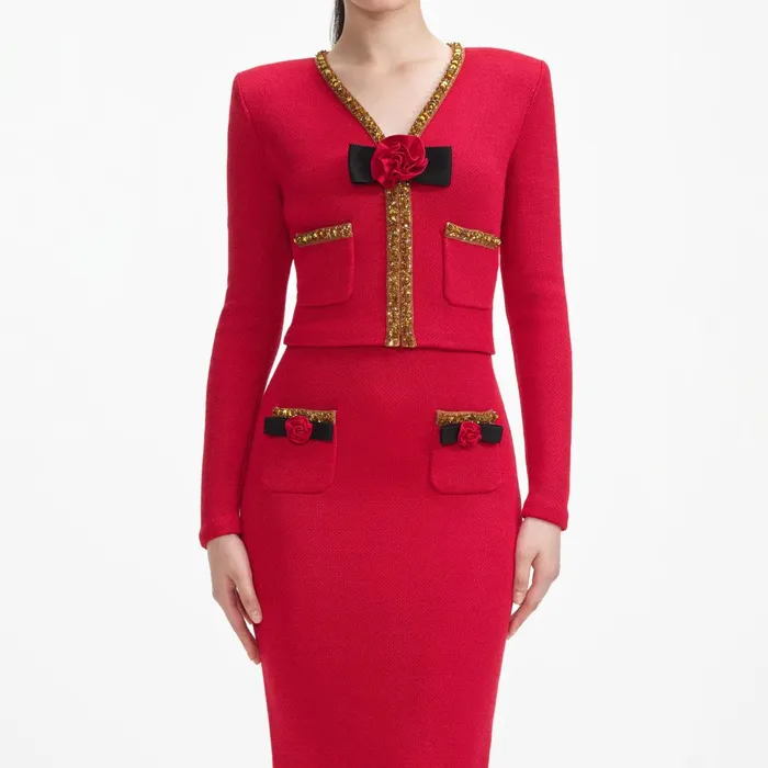 Self Portrait Bottoms Women Red Textured Knit Corsage Midi Skirt