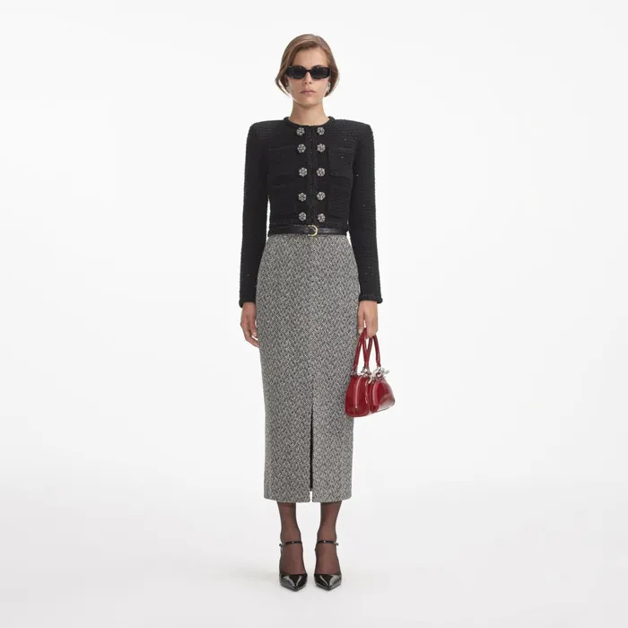 Self Portrait CoOrds Women Black Textured Knit Jacket