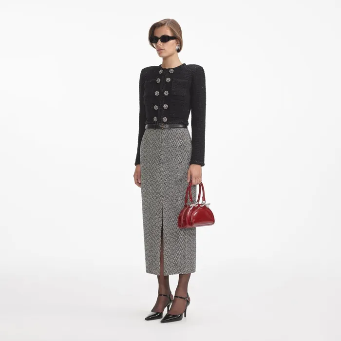 Self Portrait CoOrds Women Black Textured Knit Jacket