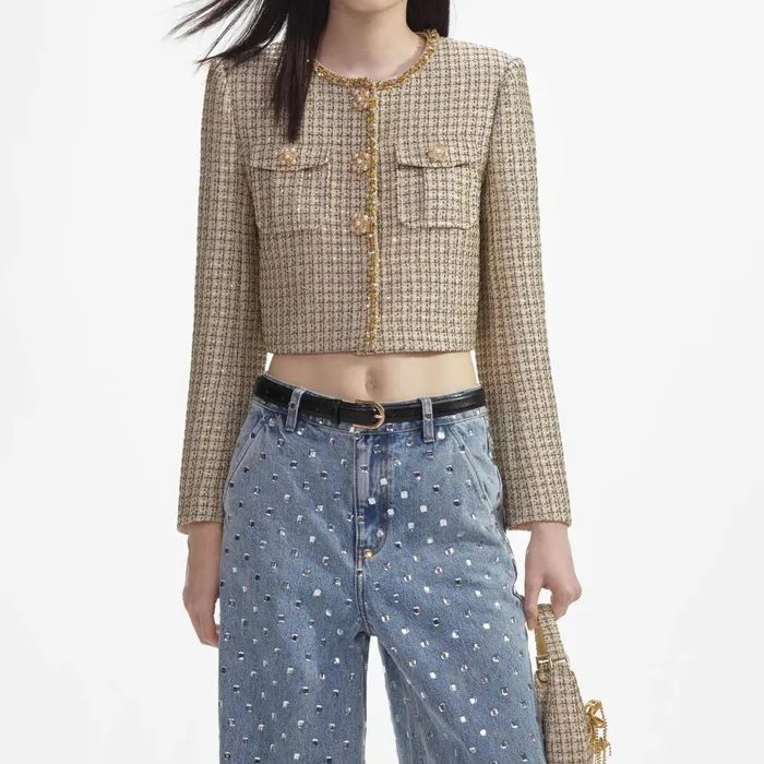 Self Portrait CoOrds Women Gold Boucle Cropped Jacket