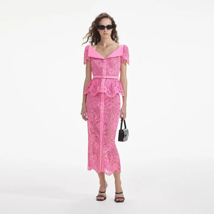 Self Portrait CoOrds Women Pink Lace Open Neck Top