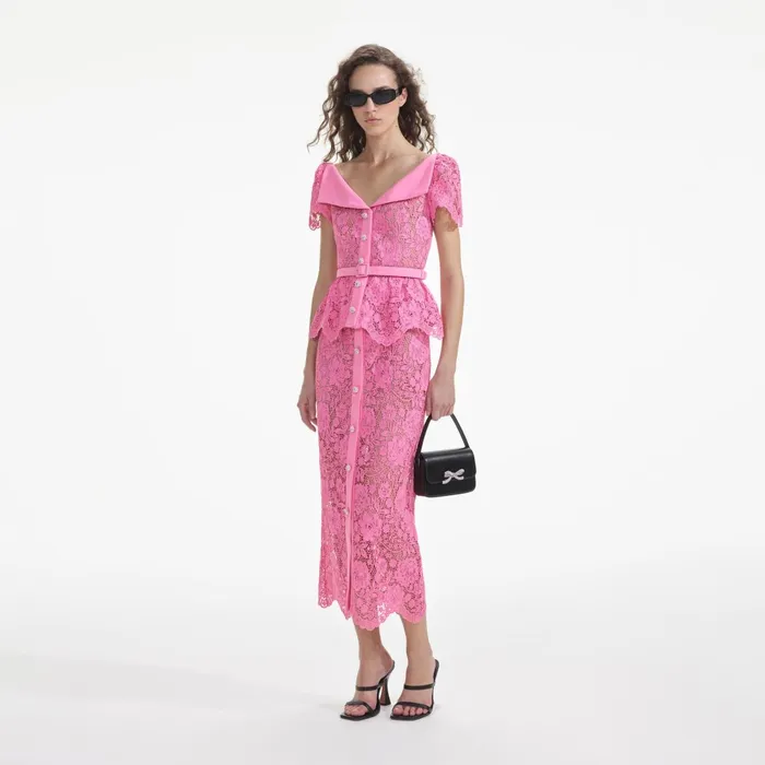 Self Portrait CoOrds Women Pink Lace Open Neck Top
