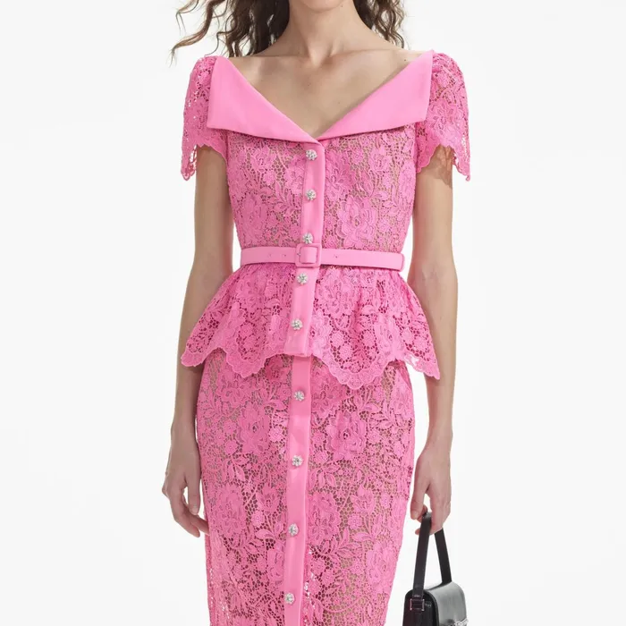 Self Portrait CoOrds Women Pink Lace Open Neck Top