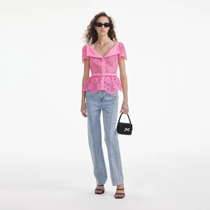 Self Portrait CoOrds Women Pink Lace Open Neck Top
