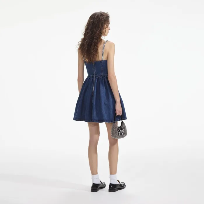 Self Portrait Denim Women Diamante Denim Flared Mini Dress