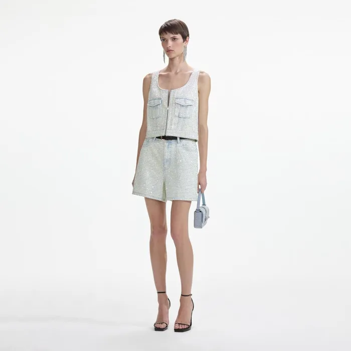 Self Portrait Denim Women Rhinestone Denim Shorts