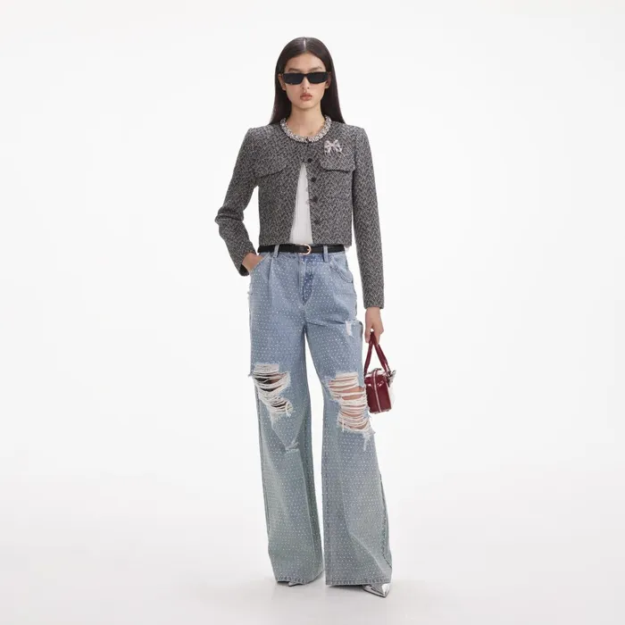 Self Portrait Denim Women Rhinestone Ombre Distressed Jeans