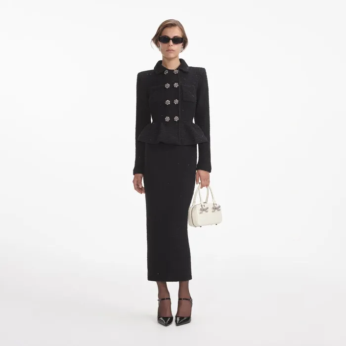 Self Portrait Dresses Women Black Textured Knit Peplum Midi Dress