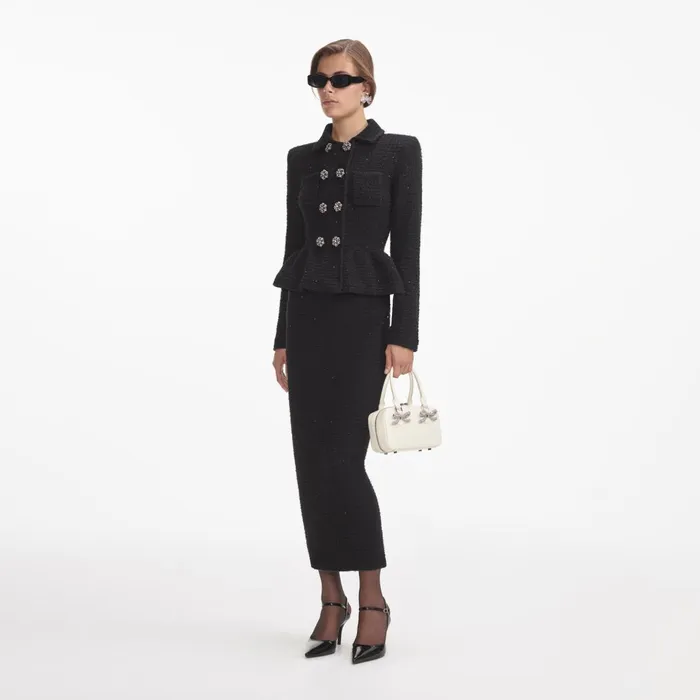 Self Portrait Dresses Women Black Textured Knit Peplum Midi Dress