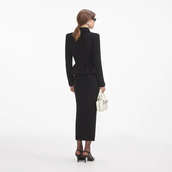 Self Portrait Dresses Women Black Textured Knit Peplum Midi Dress