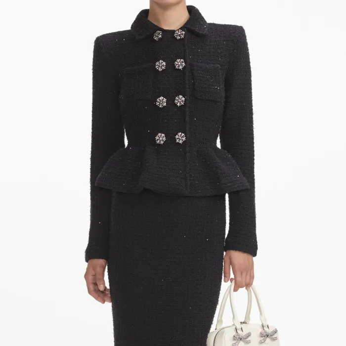 Self Portrait Dresses Women Black Textured Knit Peplum Midi Dress