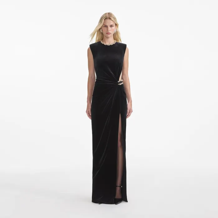 Self Portrait Dresses Women Black Velvet Embellished Maxi Dress