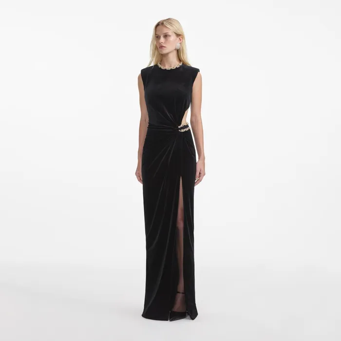 Self Portrait Dresses Women Black Velvet Embellished Maxi Dress