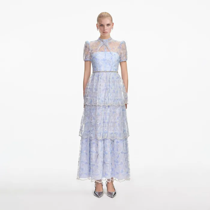 Self Portrait Dresses Women Blue Beaded Sequin Lace Maxi Dress