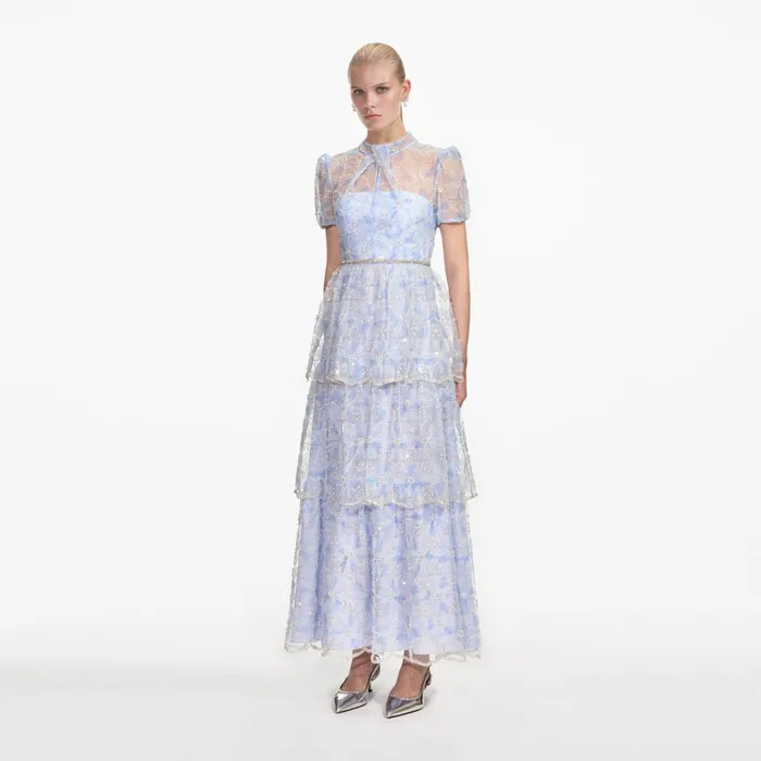 Self Portrait Dresses Women Blue Beaded Sequin Lace Maxi Dress
