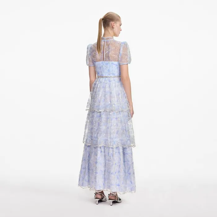 Self Portrait Dresses Women Blue Beaded Sequin Lace Maxi Dress
