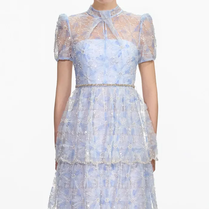 Self Portrait Dresses Women Blue Beaded Sequin Lace Maxi Dress