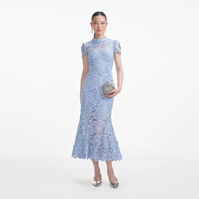 Self Portrait Dresses Women Blue Flower Lace Contrast Collar Midi Dress