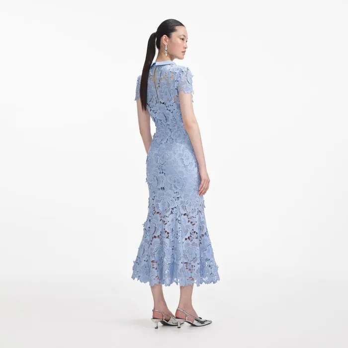 Self Portrait Dresses Women Blue Flower Lace Contrast Collar Midi Dress