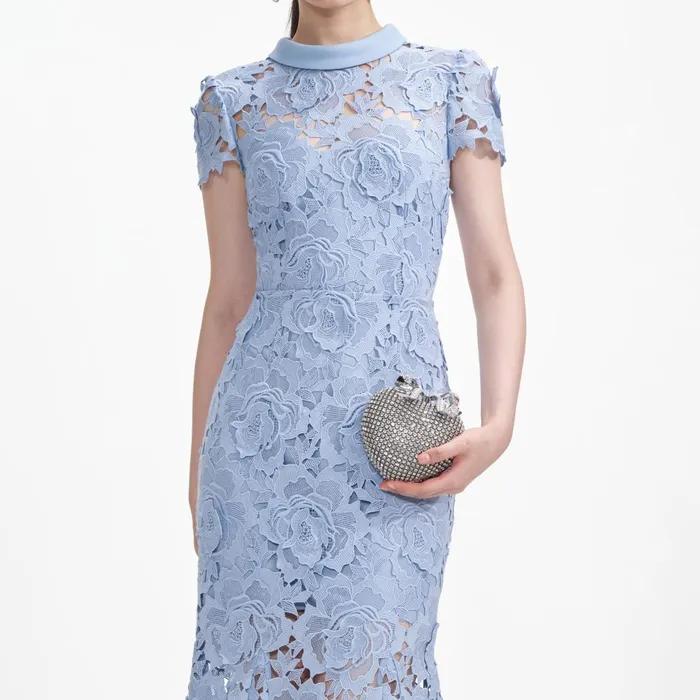 Self Portrait Dresses Women Blue Flower Lace Contrast Collar Midi Dress