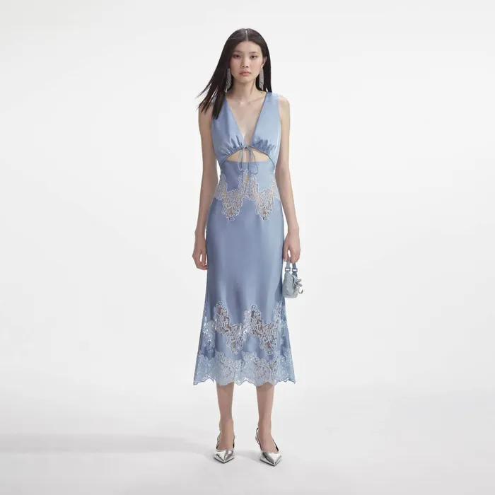 Self Portrait Dresses Women Blue Satin Lace Insert Midi Dress