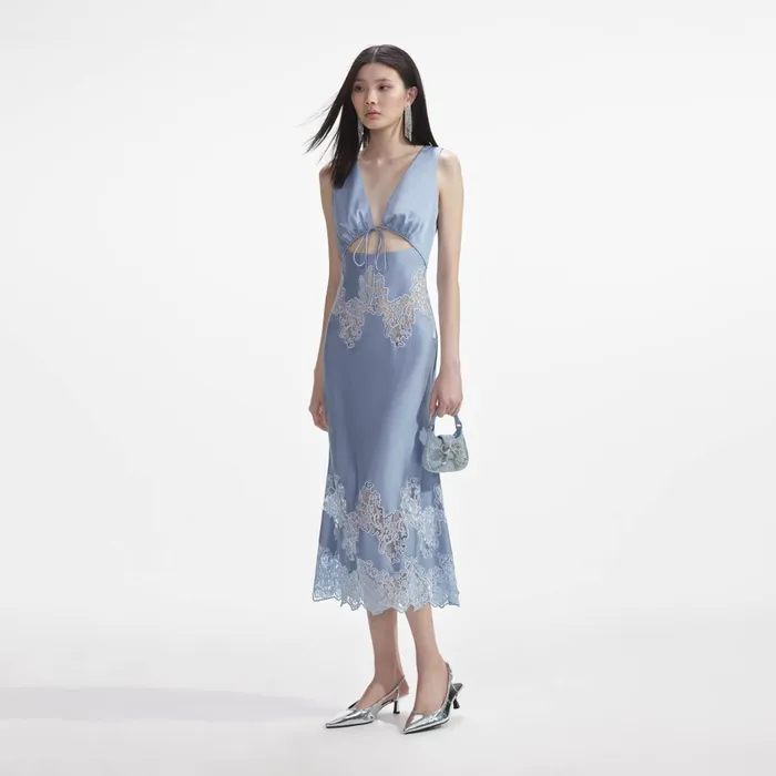 Self Portrait Dresses Women Blue Satin Lace Insert Midi Dress