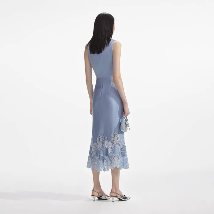Self Portrait Dresses Women Blue Satin Lace Insert Midi Dress