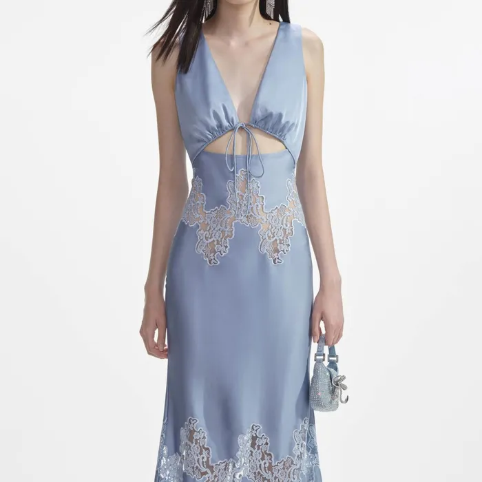 Self Portrait Dresses Women Blue Satin Lace Insert Midi Dress