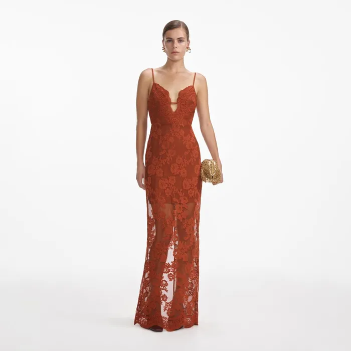 Self Portrait Dresses Women Brown Lace Maxi Dress