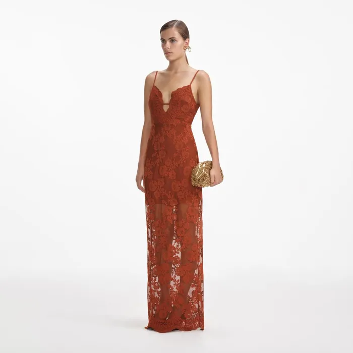 Self Portrait Dresses Women Brown Lace Maxi Dress