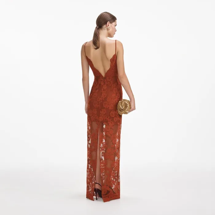 Self Portrait Dresses Women Brown Lace Maxi Dress