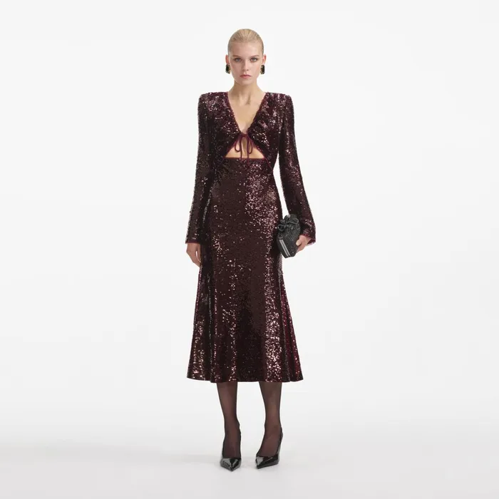 Self Portrait Dresses Women Burgundy Sequin Midi Dress