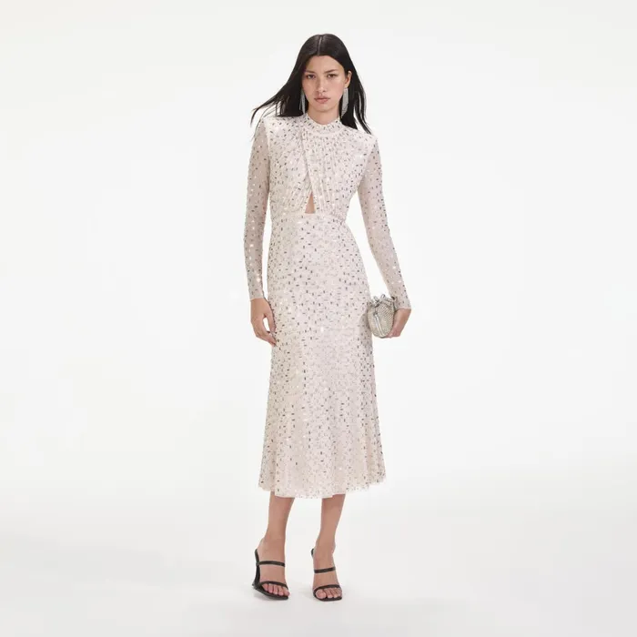 Self Portrait Dresses Women Champagne Rhinestone Mesh Midi Dress
