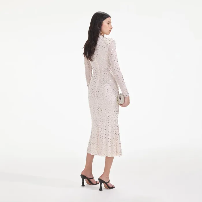 Self Portrait Dresses Women Champagne Rhinestone Mesh Midi Dress