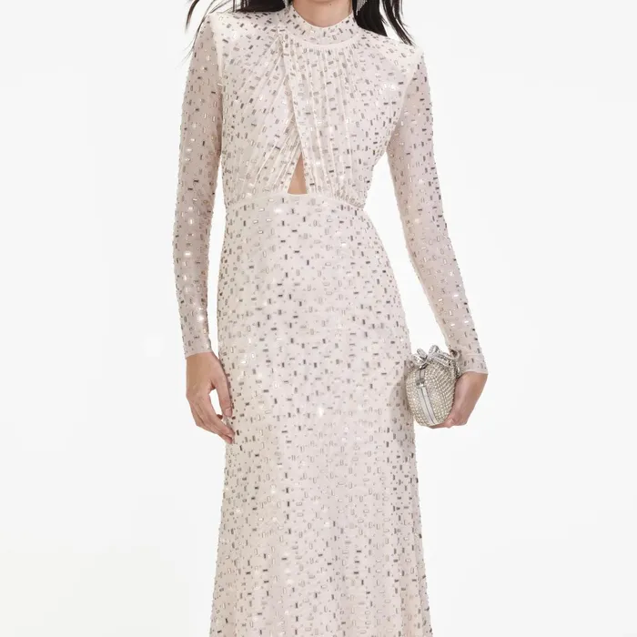 Self Portrait Dresses Women Champagne Rhinestone Mesh Midi Dress