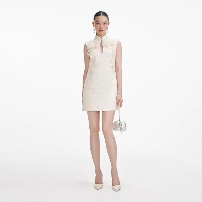 Self Portrait Dresses Women Cream Boucle Flower Motif Mini Dress