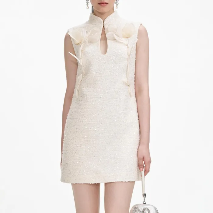 Self Portrait Dresses Women Cream Boucle Flower Motif Mini Dress