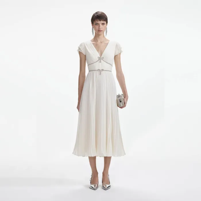 Self Portrait Dresses Women Cream Chiffon Pleated Midi Dress