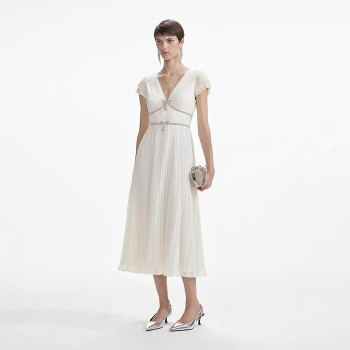Self Portrait Dresses Women Cream Chiffon Pleated Midi Dress