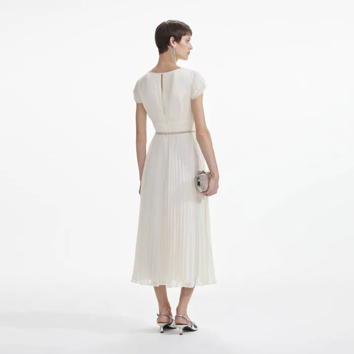 Self Portrait Dresses Women Cream Chiffon Pleated Midi Dress