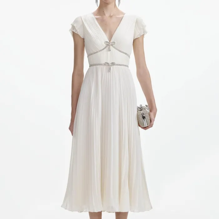 Self Portrait Dresses Women Cream Chiffon Pleated Midi Dress