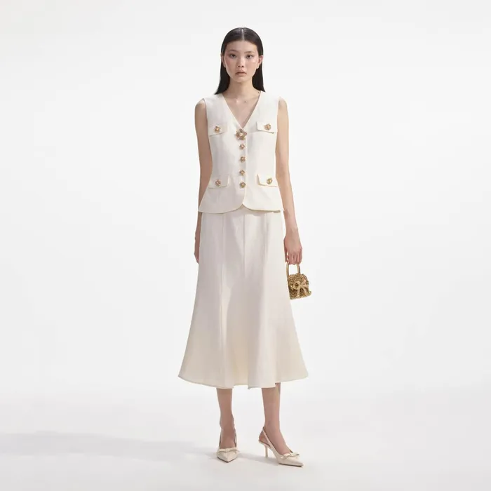 Self Portrait Dresses Women Cream Linen Midi Dress