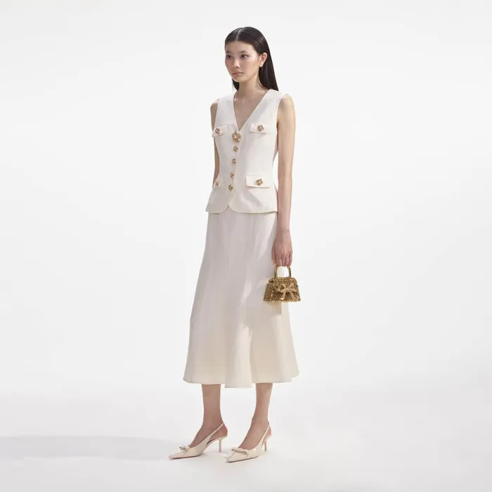 Self Portrait Dresses Women Cream Linen Midi Dress