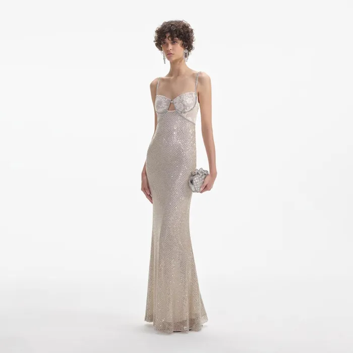 Self Portrait Dresses Women Cream Rhinestone Mesh Maxi Dress