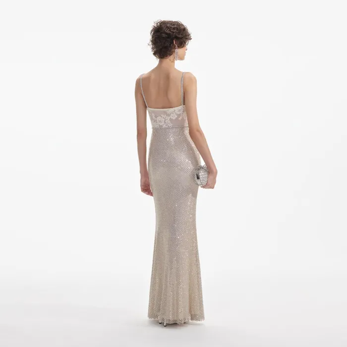 Self Portrait Dresses Women Cream Rhinestone Mesh Maxi Dress